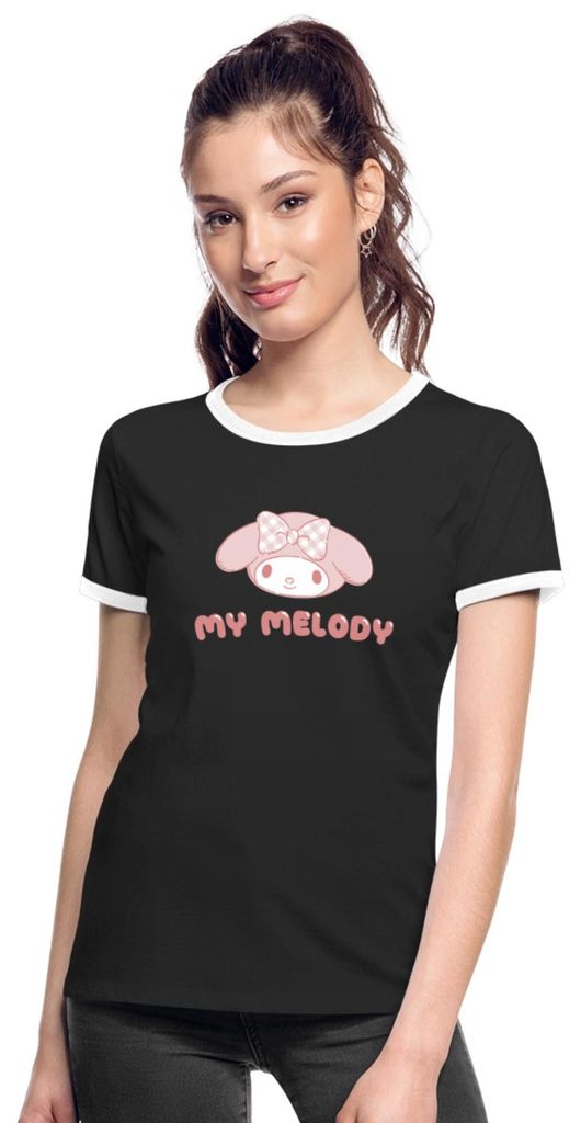 Spreadshirt My Melody Portrait Frauen Kontrast T-Shirt, XL, Schwarz/Weiß