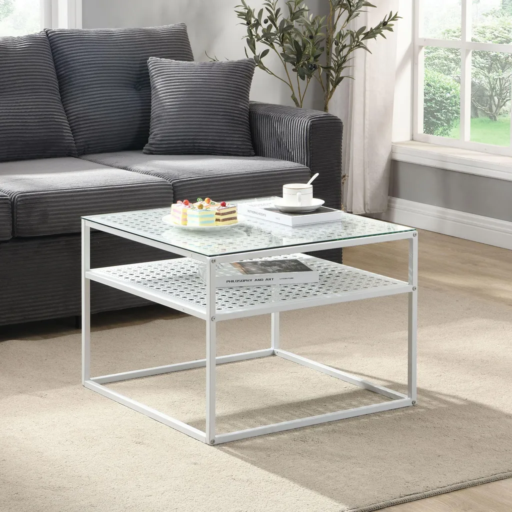 Table basse moderne en verre et métal blanc avec double plateau 60 cm - 2