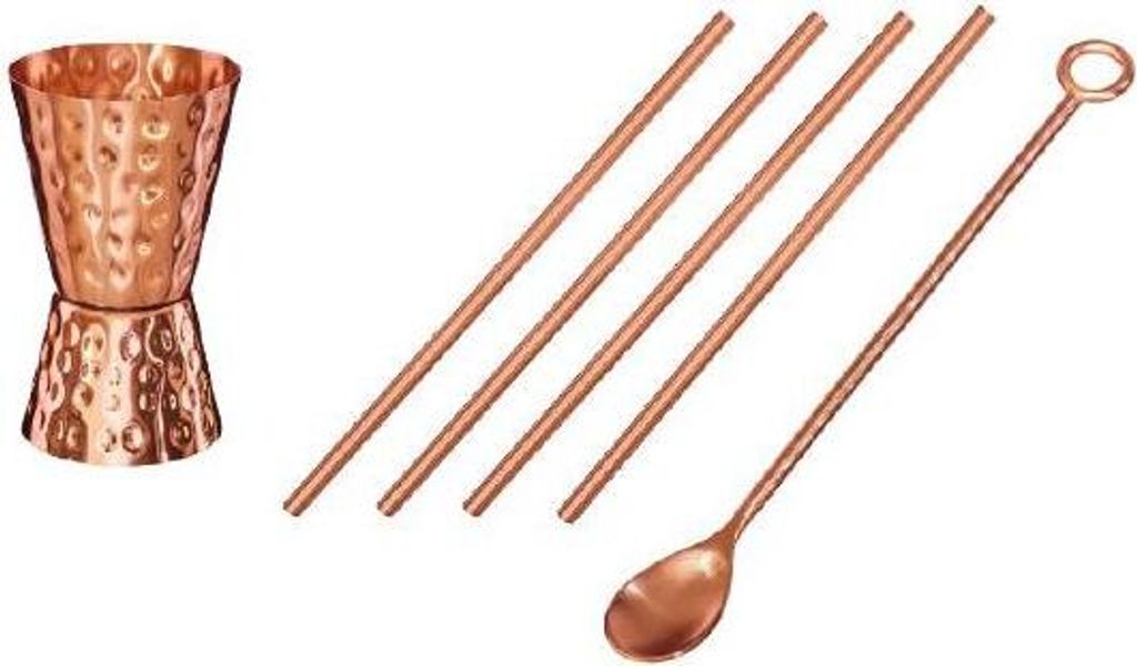 Bar-Zubehör Set - Mit Barlöffel, Messbecher und Strohhalmen aus 100% reinem Kupfer