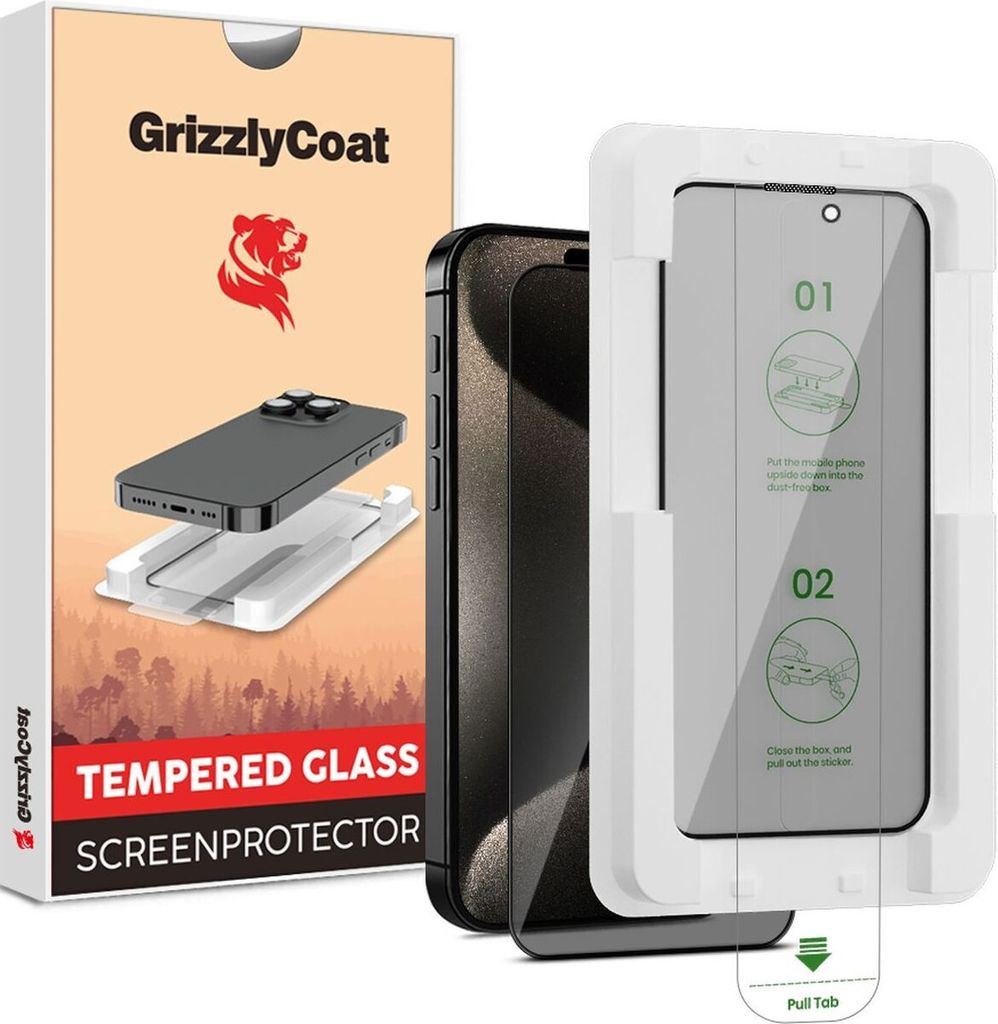 GrizzlyCoat AlignPro AntiSpy iPhone 15 Pro Max Panzerglas Gehärtetes Glas Displayschutz Privacy - Hüllenfreundlich + Applikator