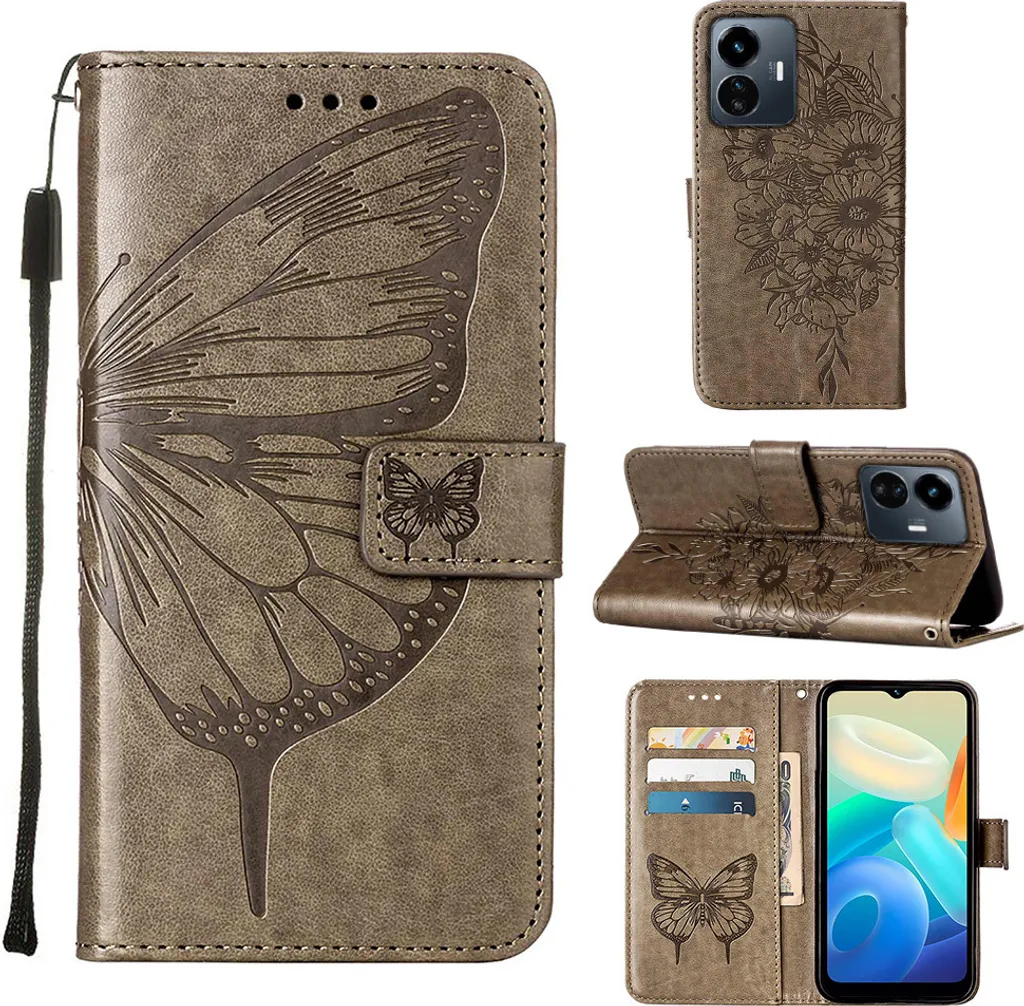 Custodia VIVO Y77 5G Pelle Grigio con Farfalla | Portafoglio e Stand