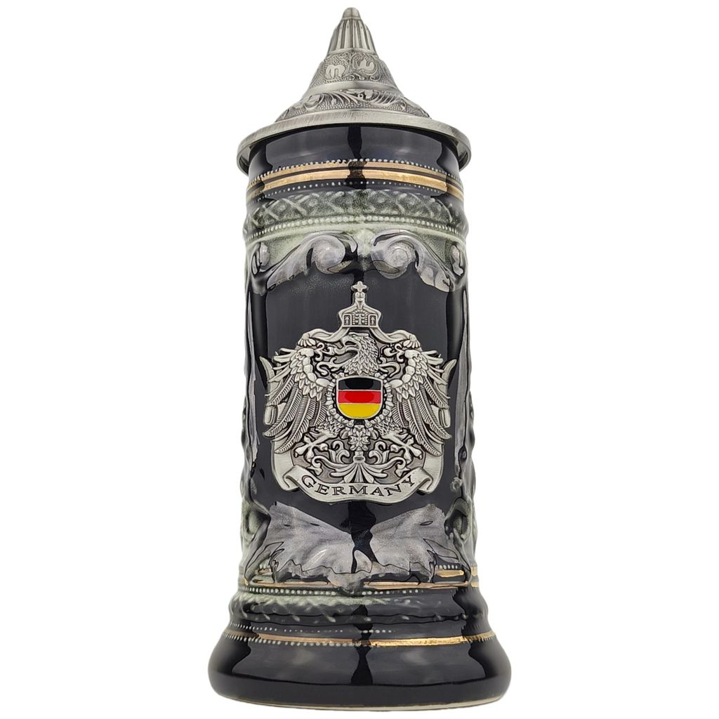Bierkrug mit Deckel 0,7L – Steinkrug mit Metallmontur & Spitzdeckel – Perfekt als Geschenk, Deko & Sammelstück (Schwarz)