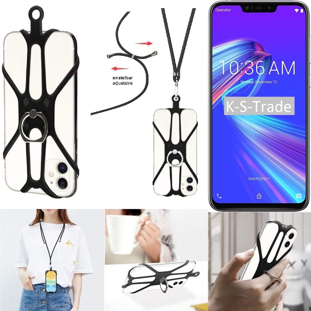 K-S-Trade 3in1 Handykette Handyband Handykordel Halsband Smartphone-Ring Handy-Ring kompatibel mit Asus Zenfone Max (M2) Fingerhalterung Handyring