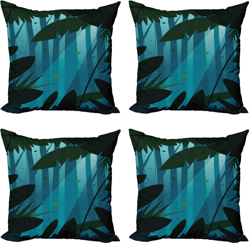 ABAKUHAUS Dreamy Jungle Kissenbezug Set (4 Stück), Wald Blätter, Moderner Doppelseitiger Digitaldruck, 45 cm x 45 cm, Teal Grün und Hellblau