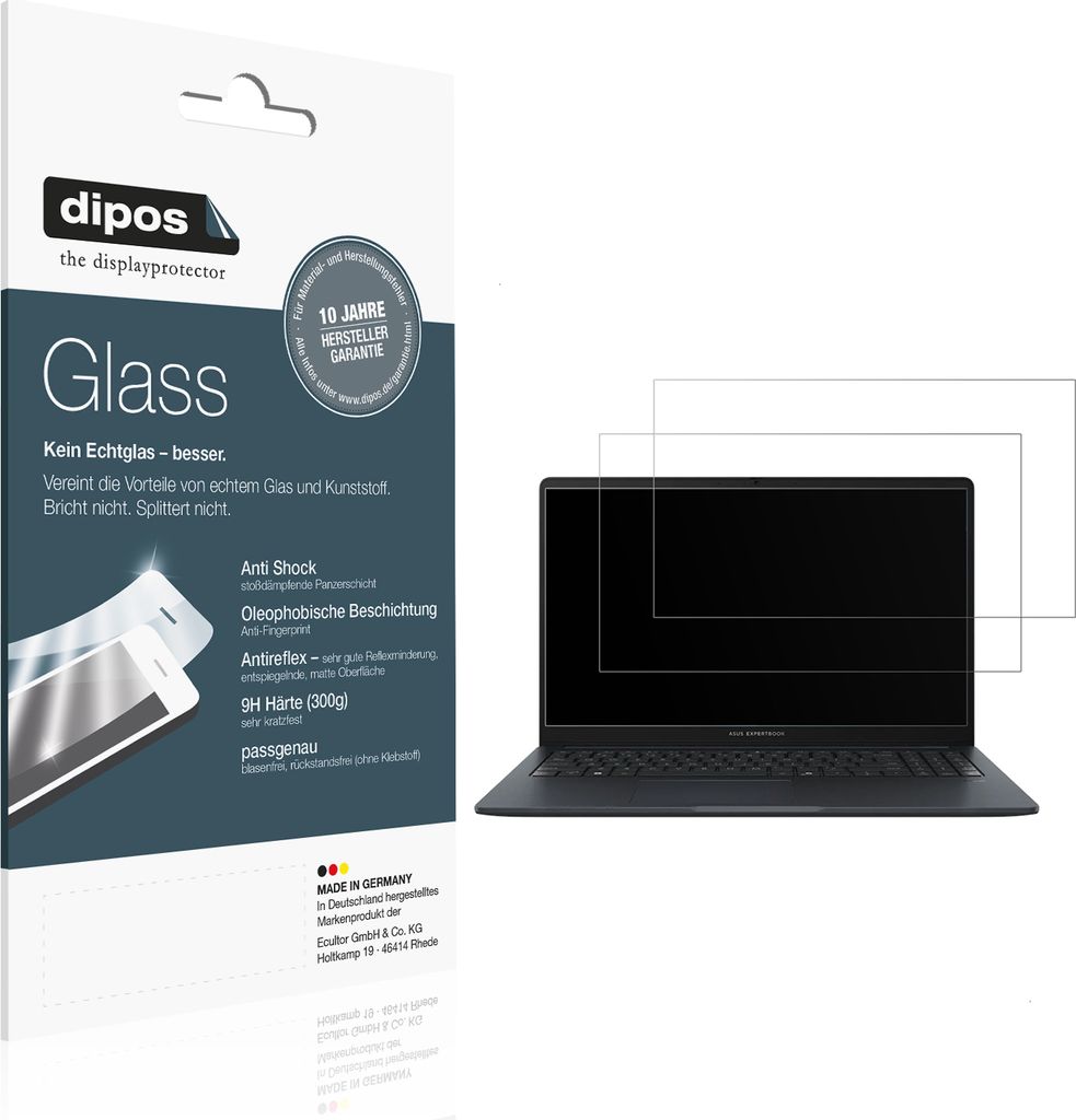 2x Schutzfolie für Asus ExpertBook BM1 BM1503 matt - Anti-Shock 9H Folie dipos Glass Kunststoffglas