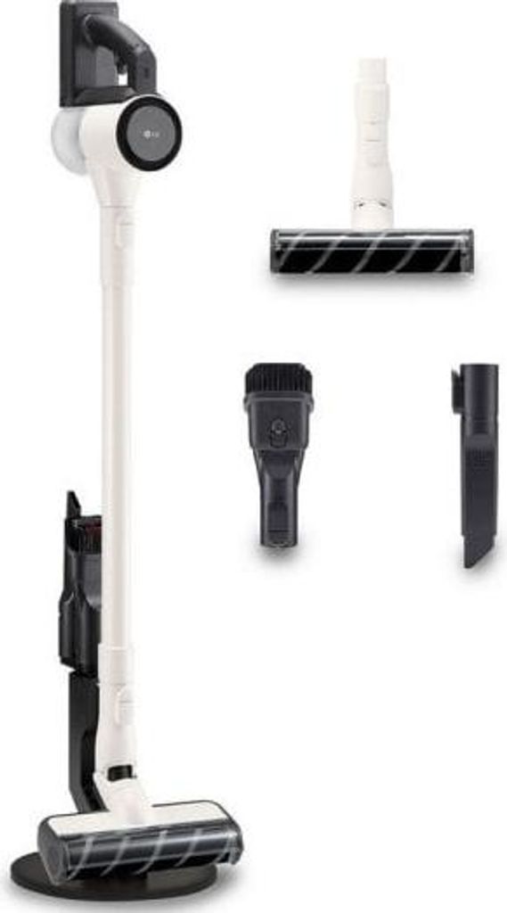 A white and black LG CordZero A9C-SLIM1C cordless vacuum cleaner with accessories is displayed against a white background.
