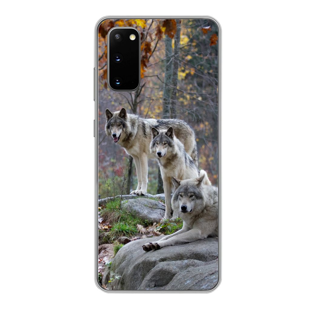 MuchoWow Handyhülle Schutzhülle Hülle für Samsung Galaxy S20 Wölfe - Fels - Wald Silikon Softcase Handy Hülle - Bild