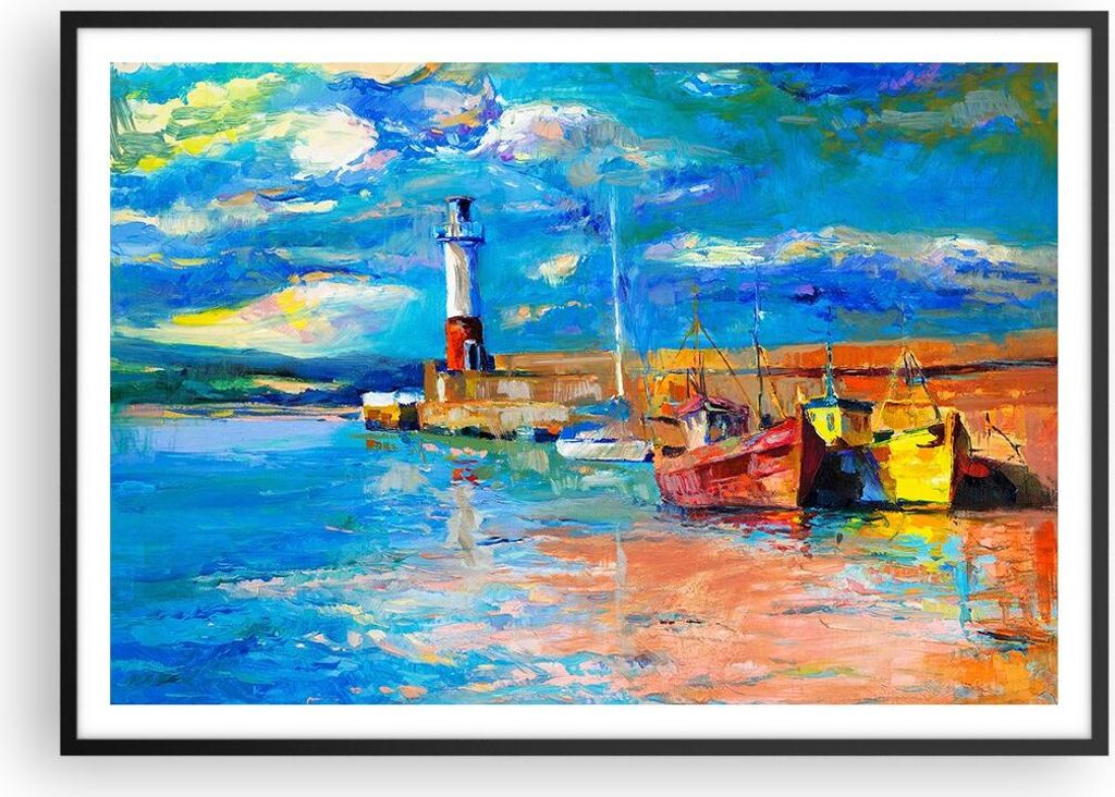 Gerahmtes Poster - Schwarzer Rahmen - Leuchtturm Meer - 100x70 cm - Wand Bild - Wanddeko - Wandbilder - Kunstposter - Wandposter - Bilderrahmen - B...