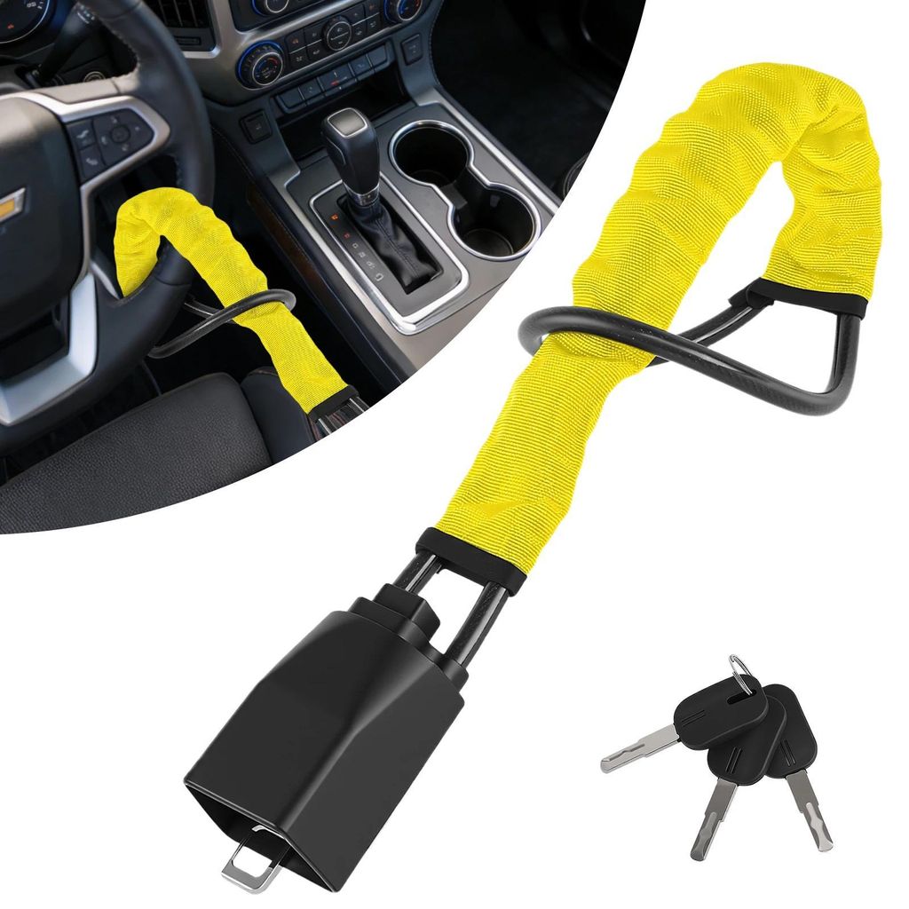 Auto Diebstahlschutz - Lenkradschloss und Gurtklemme - Universal passend - Stahlseil + ABS - 70 cm Länge - Für Auto SUV LKW Transporter - Gelb
