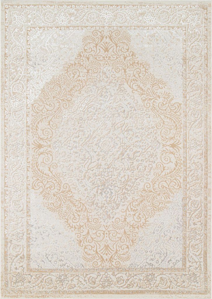 A top-down view of a rectangular rug with a traditional pattern.