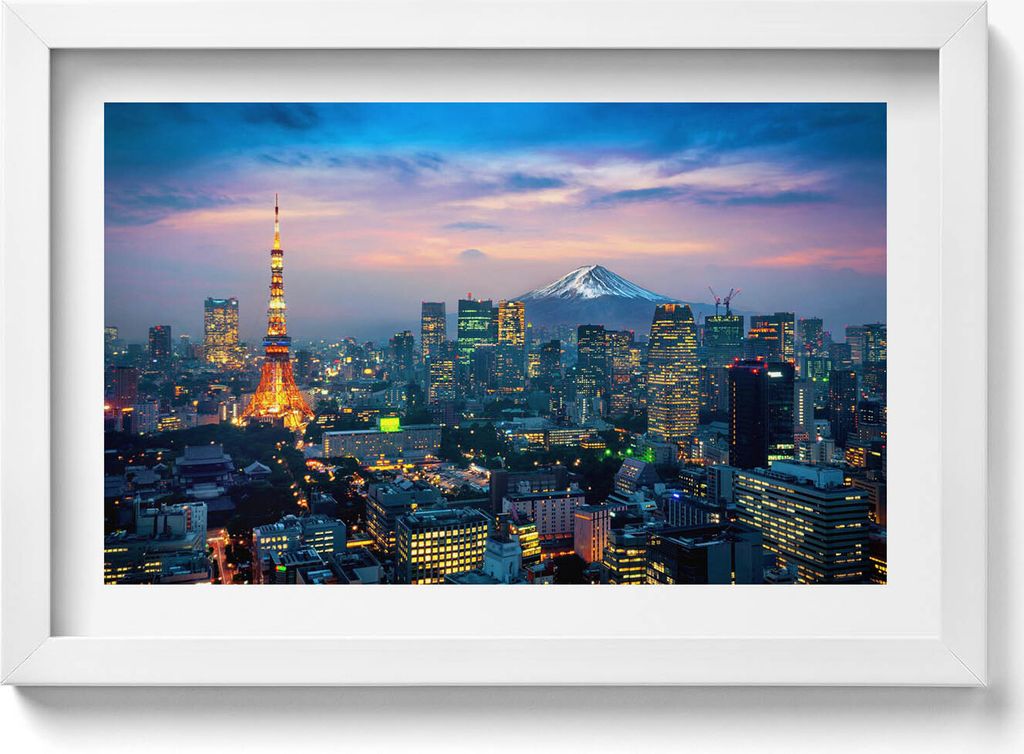 Stadt bei Nacht– Wandbild mit Rahmen – Gerahmtes Bild – Wanddekoration – 30x20 cm – Weiß Rahmen
