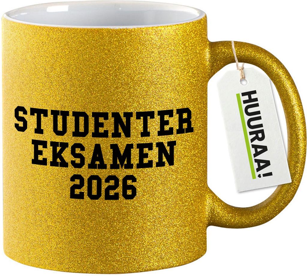 Huuraa Glitzertasse Studentereksamen 2026 Abschluss Dänemark 330ml Gold Keramik Kaffeebecher Geschenkidee