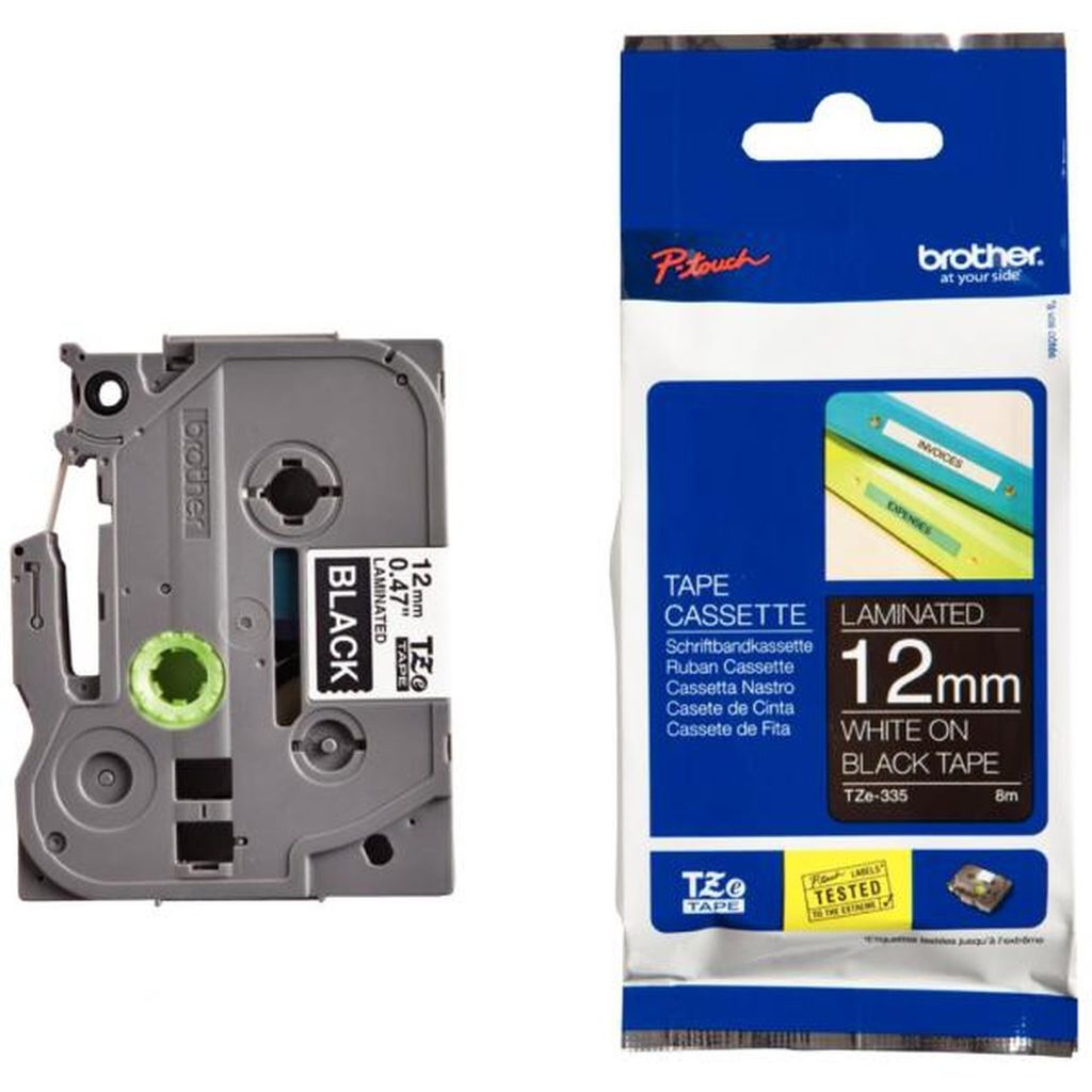 Brother Schriftbandkassette, TZe-335, 12 mm breit/ 8 m lang, weiß auf schwarz, laminiert