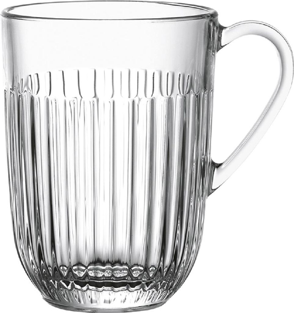 A clear studio shot of a glass mug.