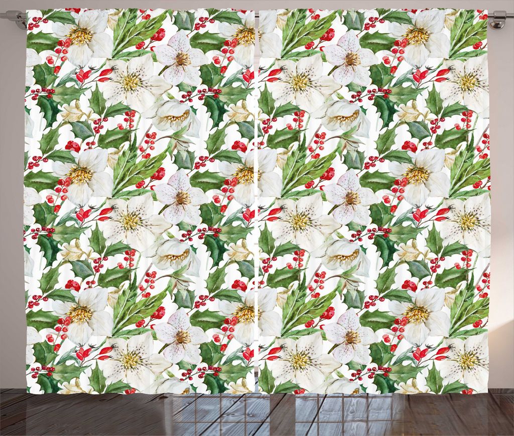 ABAKUHAUS Aquarell Rustikaler Gardine, Poinsettia-Muster, Schlafzimmer Kräuselband Vorhang mit Schlaufen und Haken, 280 x 245 cm, Zinnoberrot Gelb...