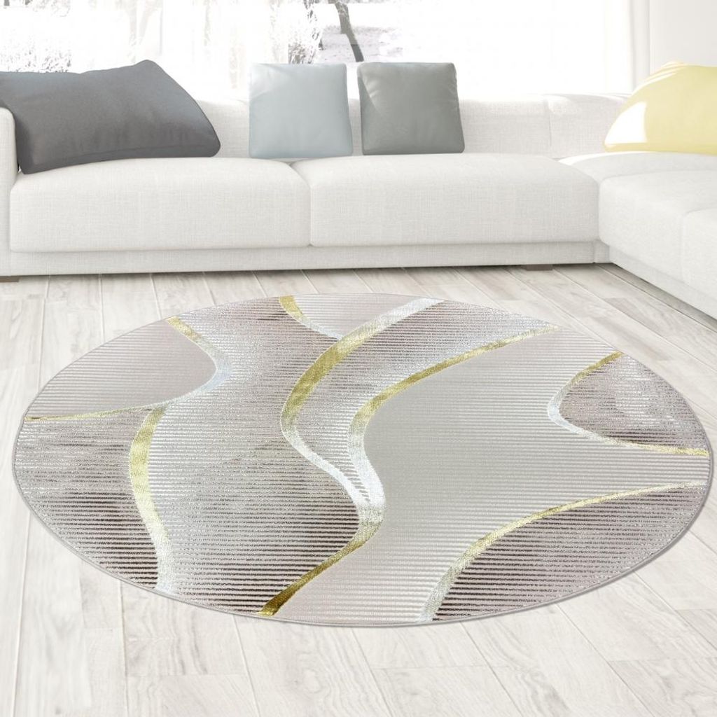 Kurzflorteppich Creme geschwungene Linien modern mit Glanzeffekt für Wohnzimmer und Schlafzimmer Größe - 160 cm Rund