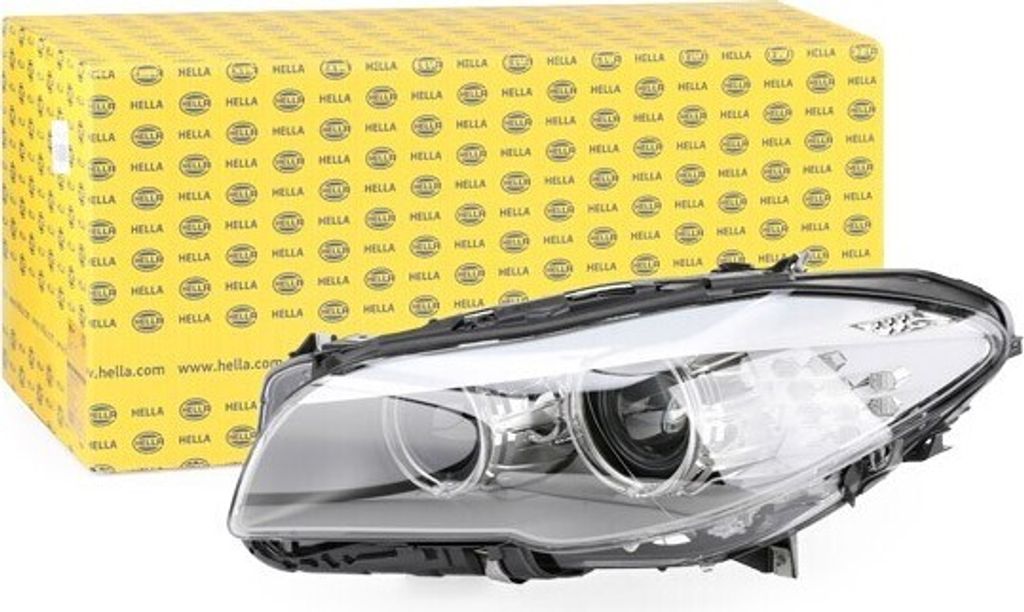 A car headlight and its packaging are shown against a white background.