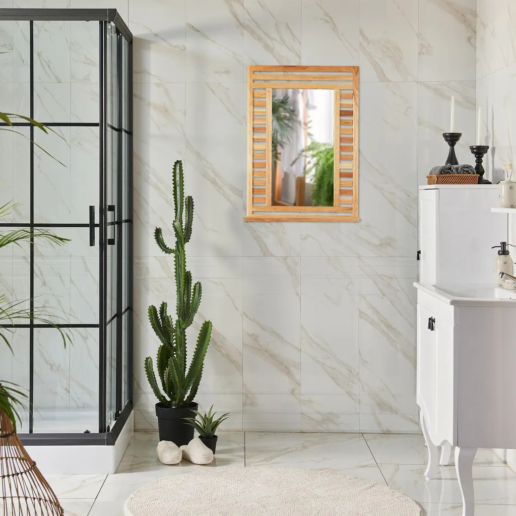 Specchio Bagno Rustico Legno Noce Naturale con Mensola Portaoggetti