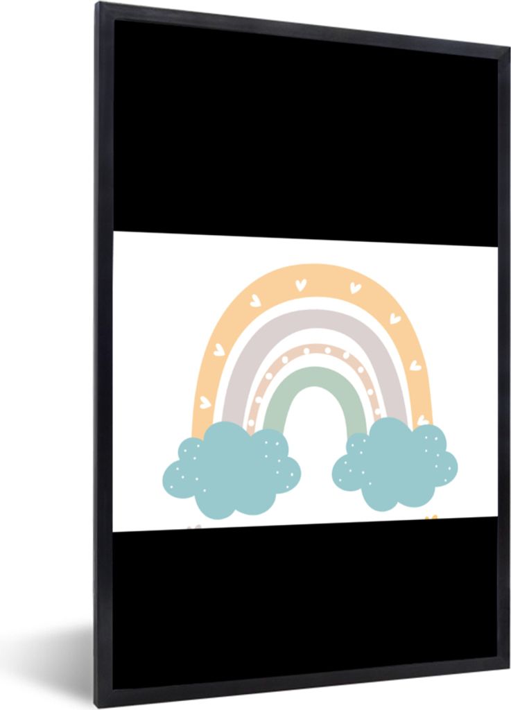 MuchoWow Gerahmtes Poster Regenbogen - Herzen - Wolken - Punkte - Pastell - Kinder 60x40 cm - Poster mit Schwarzem Bilderrahmen Wandposter Rahmen...