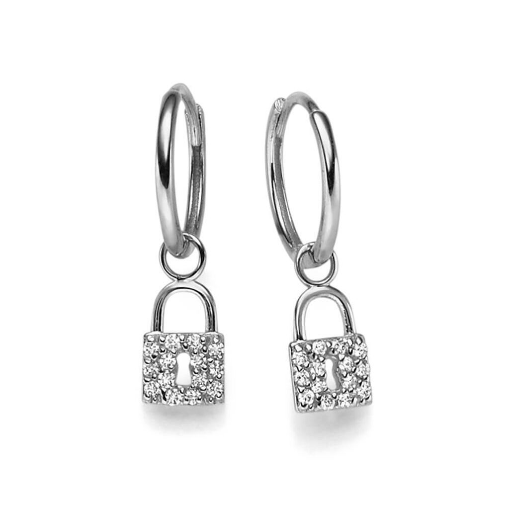 Creolen mit Einhänger Schlößchen 585 Gold Weißgold 28 Diamanten 0,14 Ct TW-SI