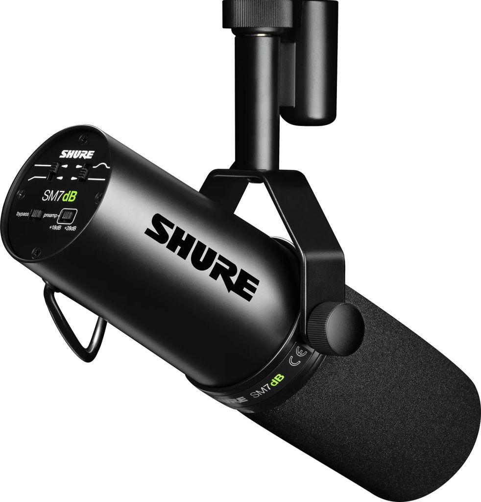 A black Shure SM7dB studio microphone is shown against a white background.