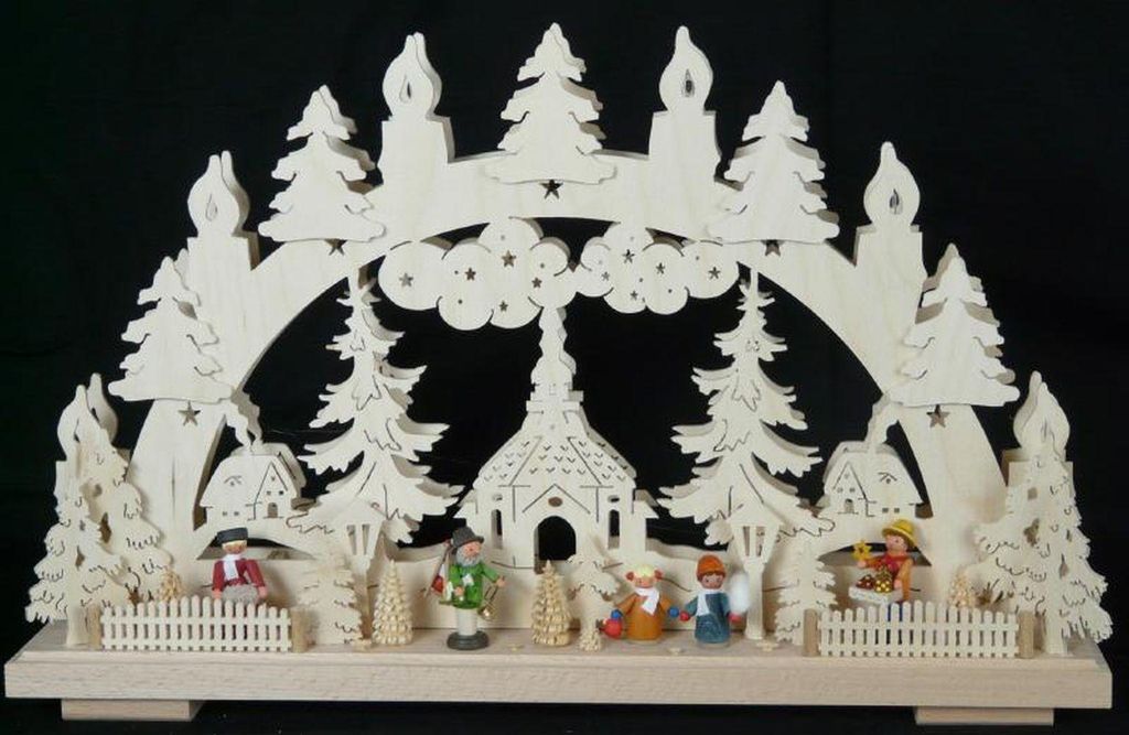 Schwibbogen mit Kirche Weihnachtsmarkt und Beleuchtung BxHxT 50x31x7cm NEU