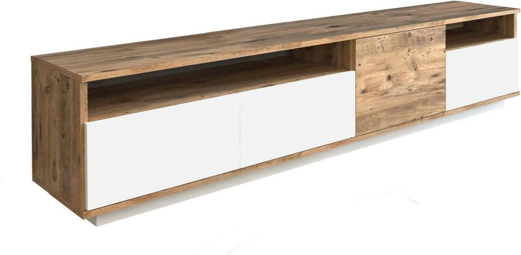 Fernsehschrank Dgiulian, Ständer für Wohnzimmerfernseher, Niedriges Wohnzimmer-Sideboard, TV-Ständerbasis, 180x45h45 cm, Eiche und Weiß