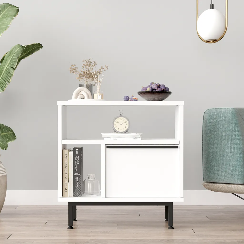 Table d'appoint Vesanto avec porte rabattable 60x60x26 cm - Blanc Mat
