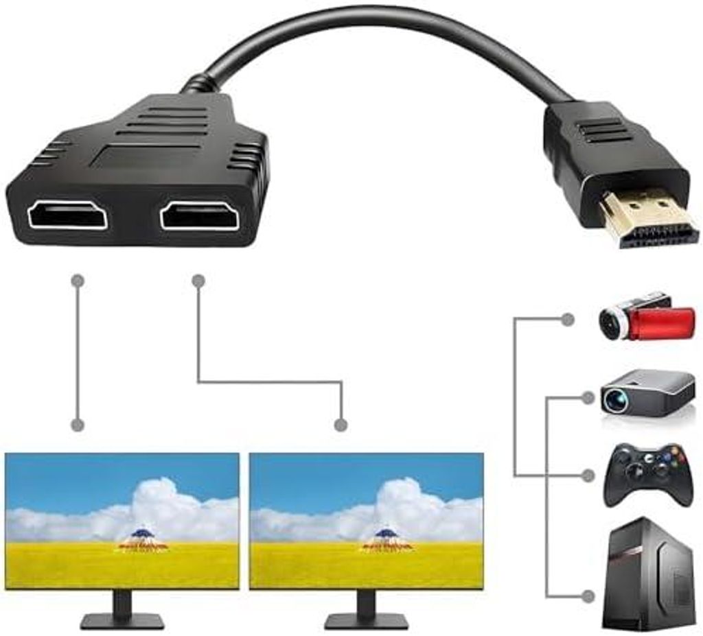 HDMI Splitter Adapter,1080P HDMI Stecker auf Dual HDMI Buchse,1 auf 2 Wege HDMI Splitter Adapterkabel für HDTV HD, LED, LCD Monitor und Projektore...