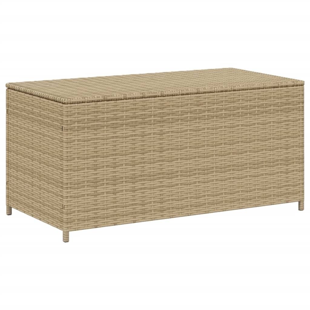 A beige poly rattan storage trunk on a white background.