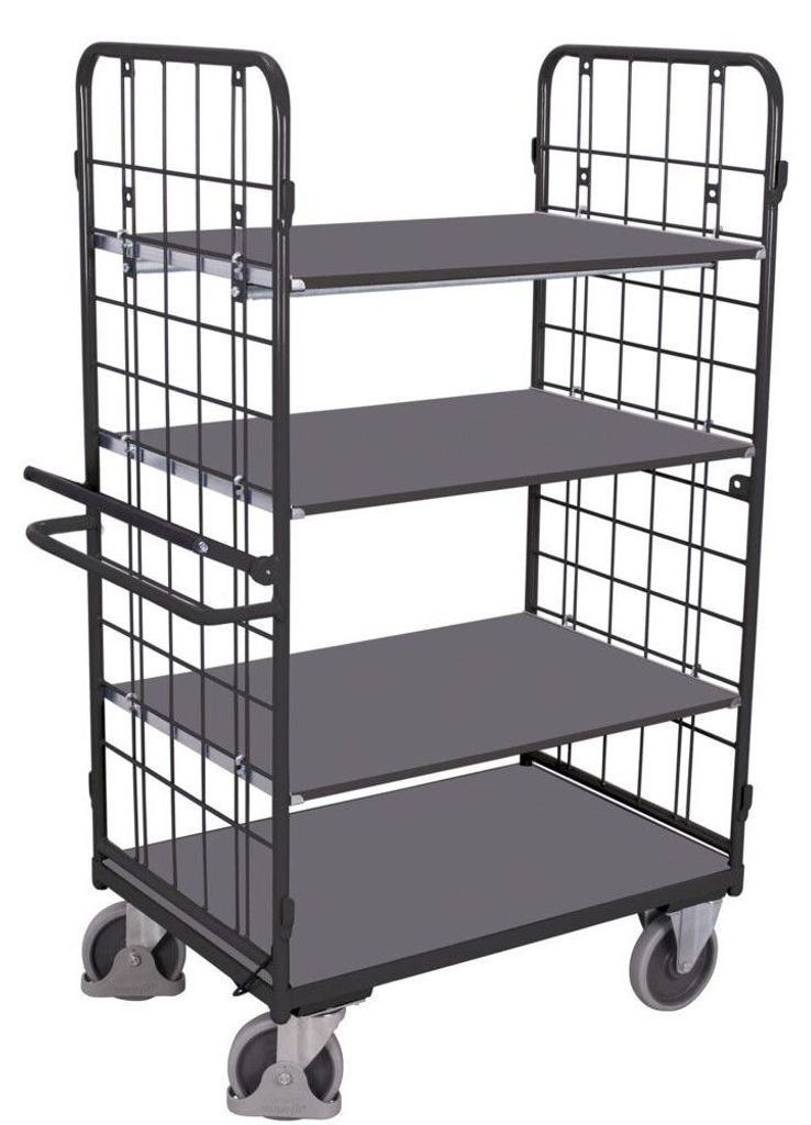 VARIOfit Etagenwagen, hoch mit Totmannbremse, seitlich vergittert und 3 Ladeflächen 1000x700mm RAL 7016 Anthrazitgrau