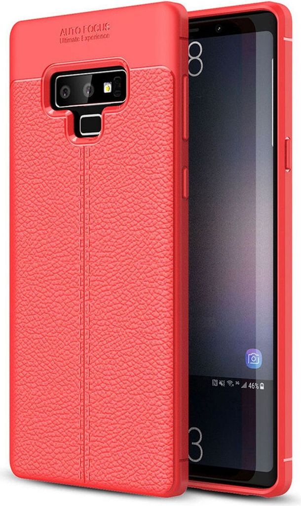 A red phone case is shown with a phone inside.