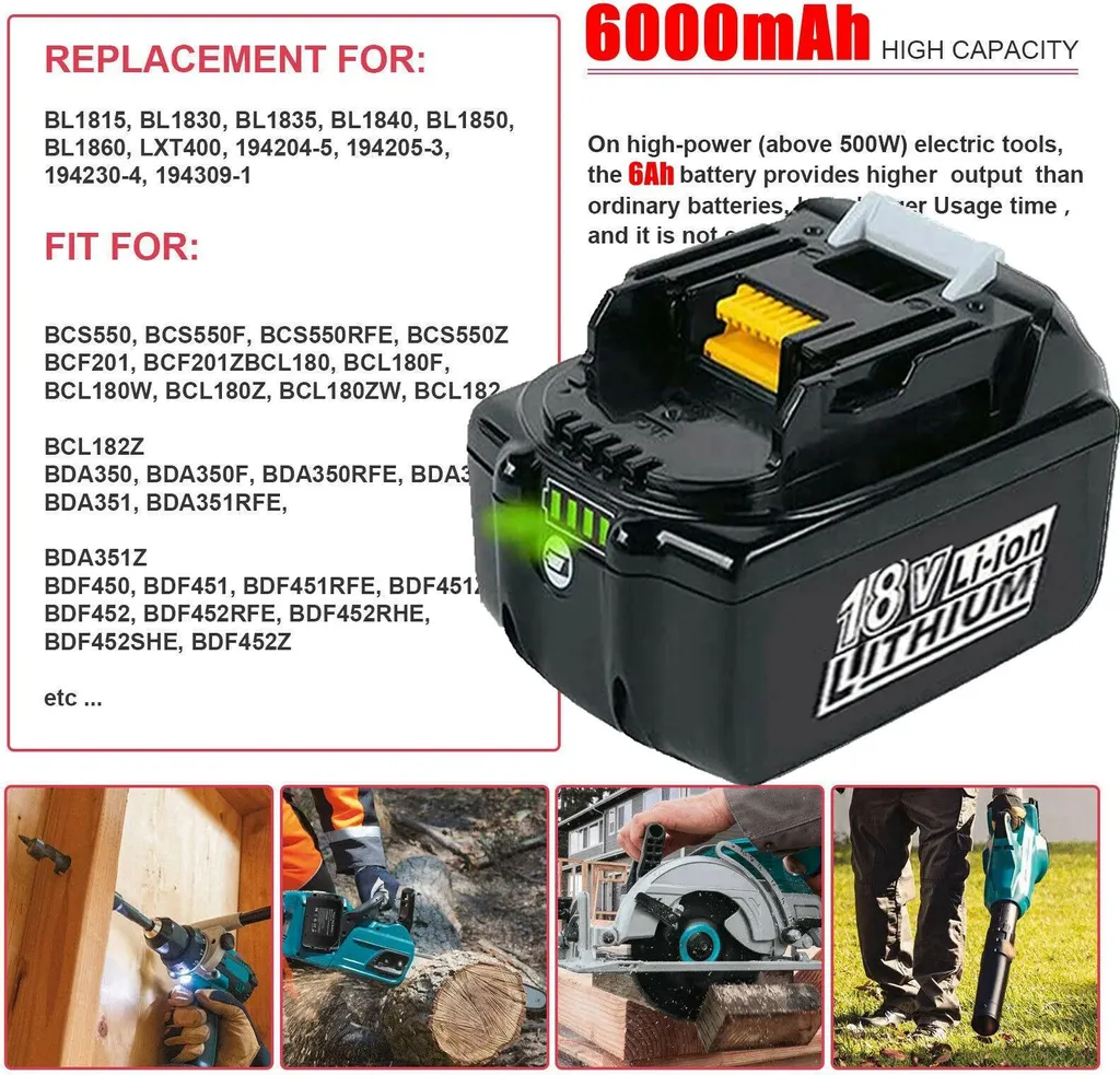 Batteria da 18 V per utensili elettrici - Batteria di ricambio agli ioni di litio - 6000 mAh (6,0 Ah) - Compatibile con BL1830/BL1860 - RoHS - Trasparente - 2