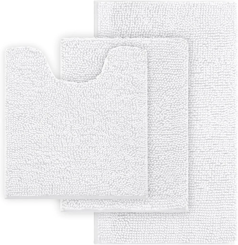Lot de 3 tapis de bain en chenille blanc - Ensemble absorbant 3 pièces