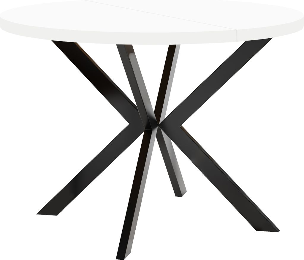 Runder Ausziehbarer Tisch für Esszimmer, ENDIK, mit Metallbeinen, Loft-Stil, Industriel, Durchmesser: 110 / 210 cm, Farbe: Weiß / Schwarz