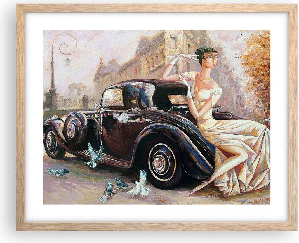 Gerahmtes Poster - Rahmen in heller Eiche - frau retro stil - 50x40 cm - Wand Bild - Wanddeko - Wandbilder - Kunstposter - Wandposter - Bilderrahme...