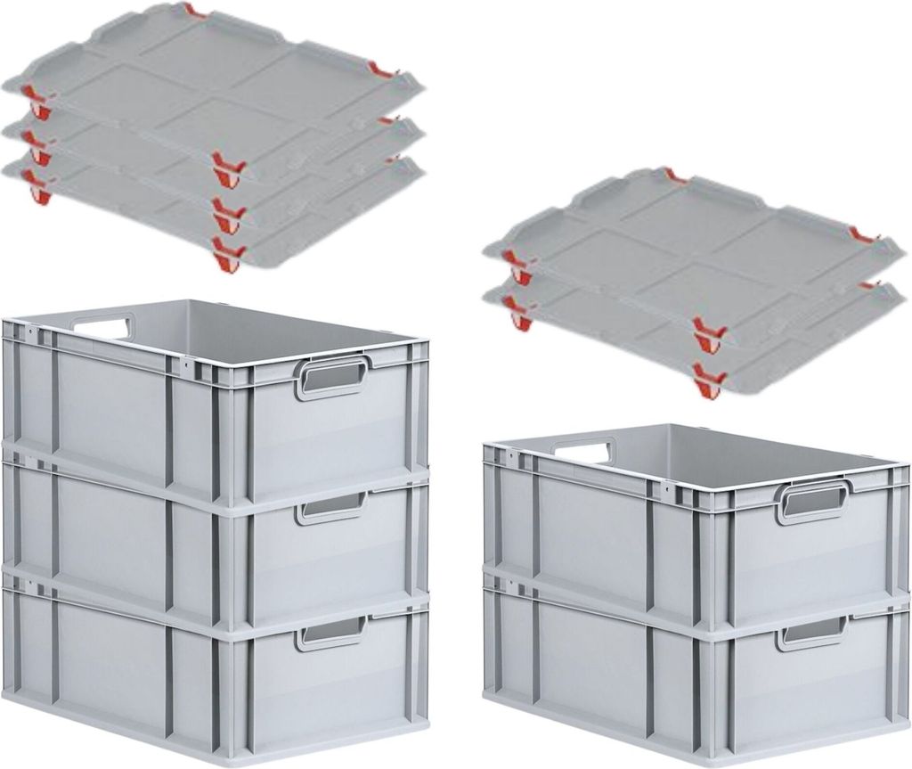 SparSet 5x Eurobox NextGen Grip mit Auflagedeckel inkl. 4 roten Schiebeschnappverschlüssen | HxBxT 22x40x60cm | 44 Liter | Griffe offen | Verstär...