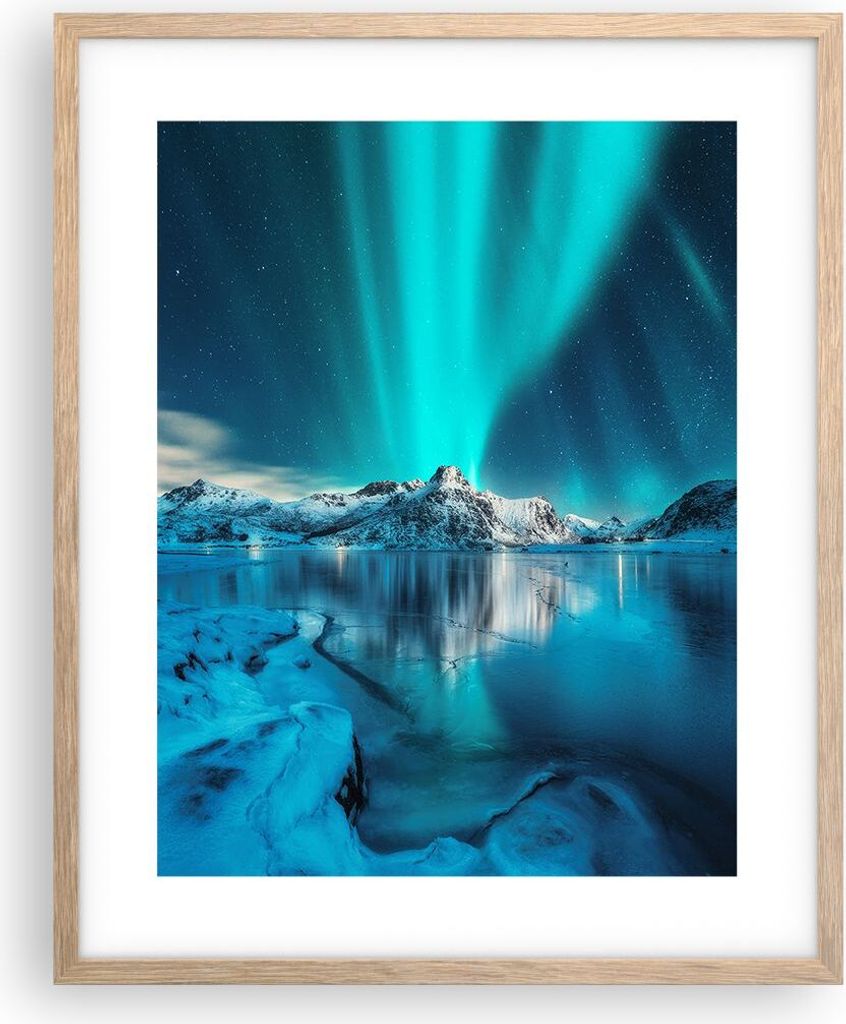 Gerahmtes Poster - Rahmen in heller Eiche - Morgendämmerung Polar Berge - 40x50 cm - Wand Bild - Wanddeko - Wandbilder - Wandposter - Bilderrahmen...