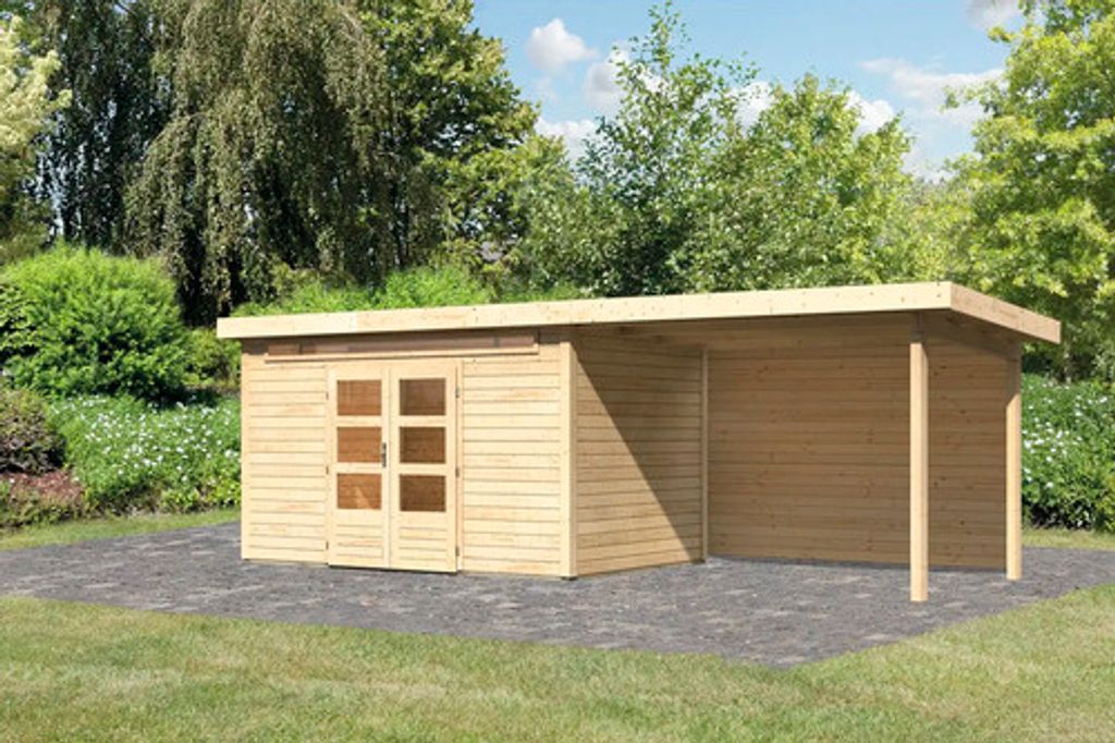 Gartenhaus Karibu Skandi 7 inkl. Anbaudach mit Rückwand 3,2 m 702 x 273 cm natur