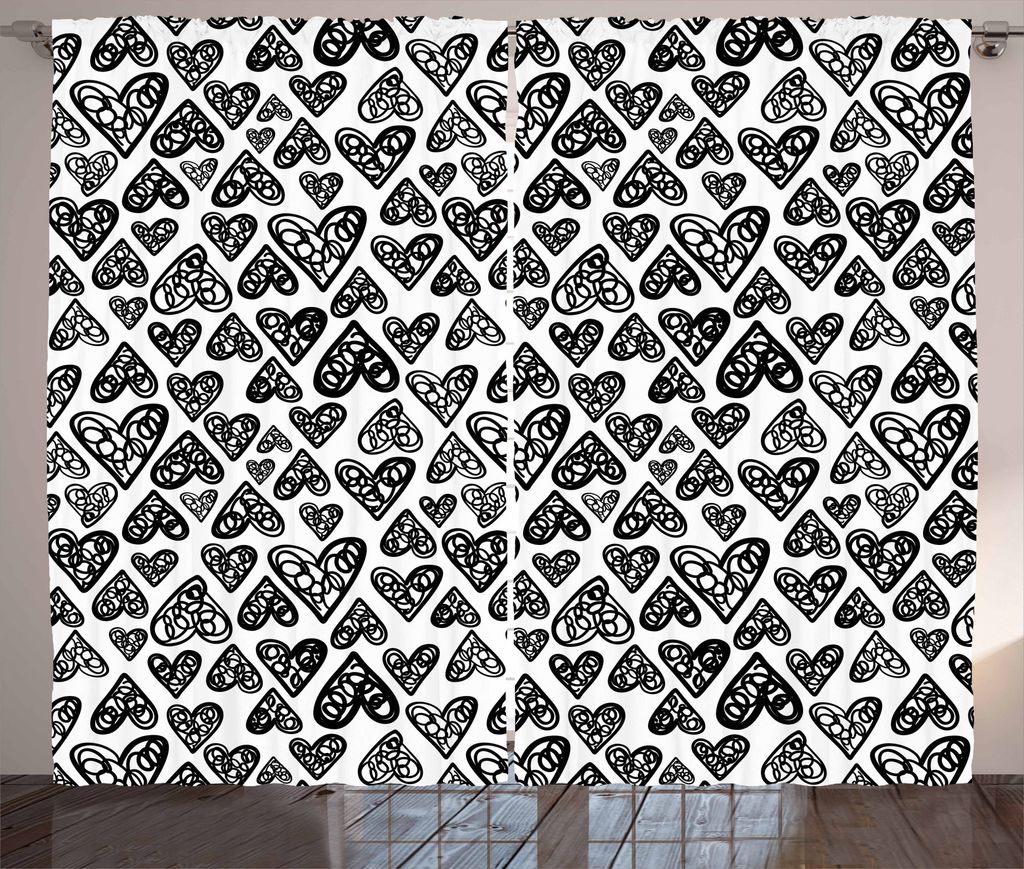 ABAKUHAUS Gekritzel Rustikaler Gardine, Romantische Herz-Muster, Schlafzimmer Kräuselband Vorhang mit Schlaufen und Haken, 280 x 175 cm, Weiß Sch...