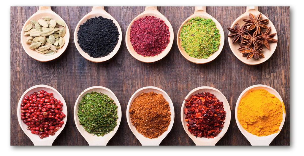 Tulup Küchenrückwand Spritzschutz aus Glas -100x50 -Spritzschutz auf gehärtetes GlasDeko Essen & Getränke Bunte Gewürze