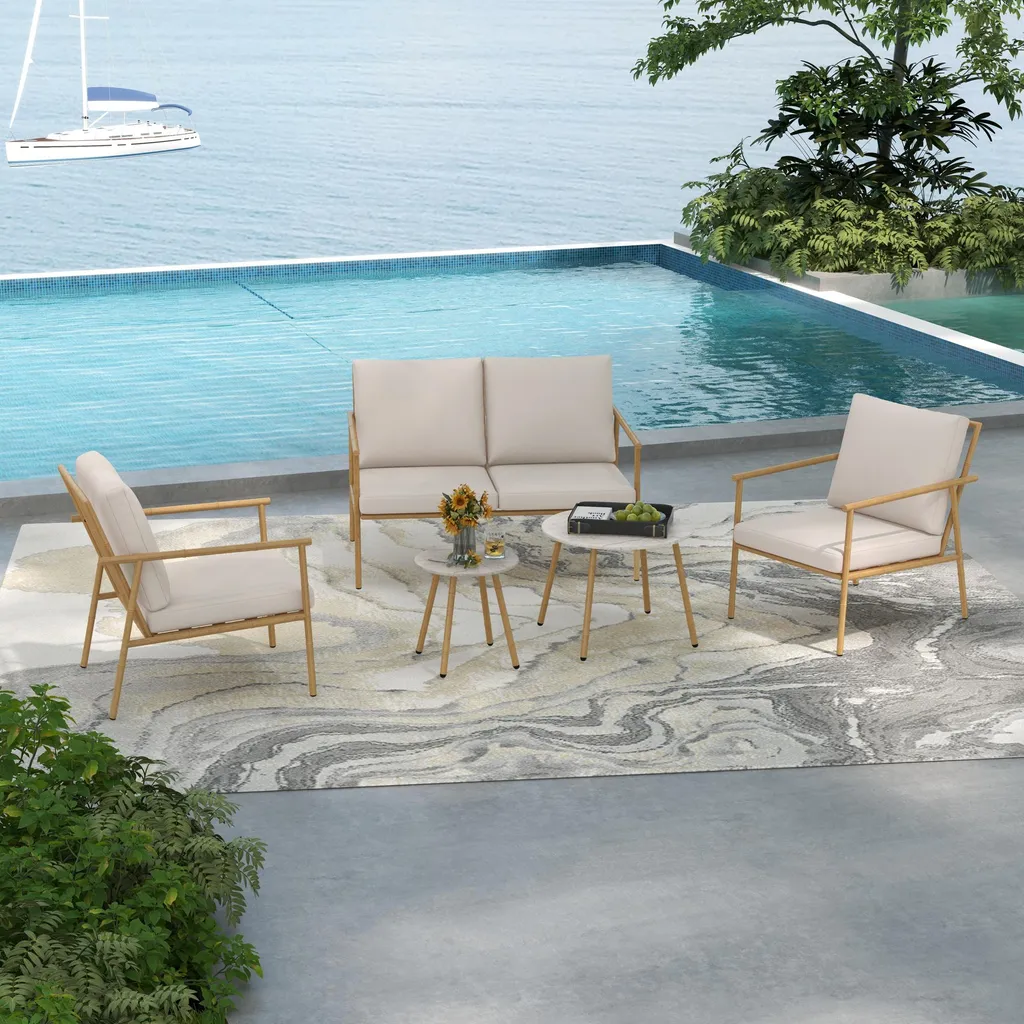 Salon de jardin bas avec canapé, fauteuils et tables effet marbre