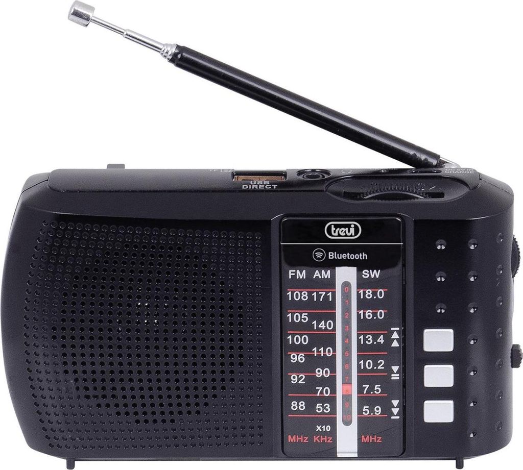 A black portable radio with an extended antenna, displayed against a white background.