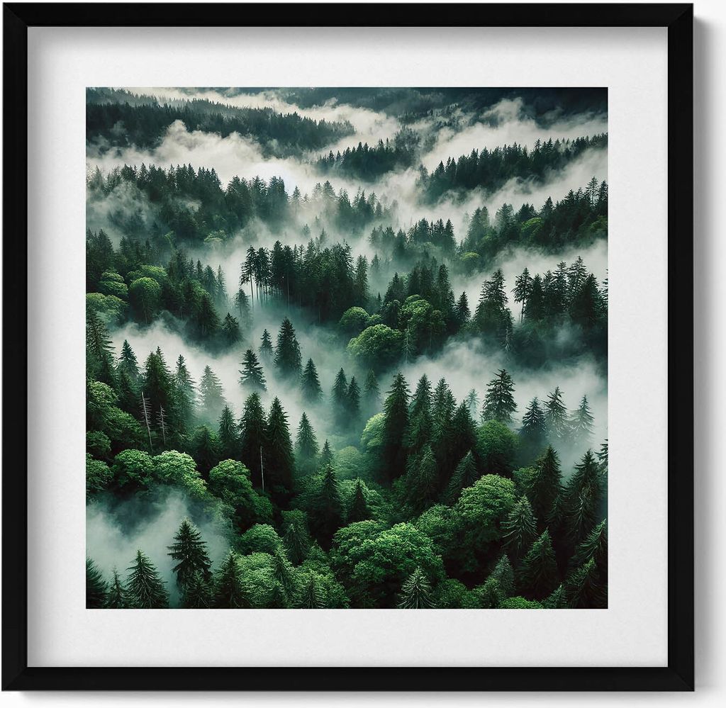 Landschaft mit Morgennebel im Wald– Wandbild mit Rahmen – Gerahmtes Bild – Wanddekoration – 50x50 cm – Schwarz Rahmen