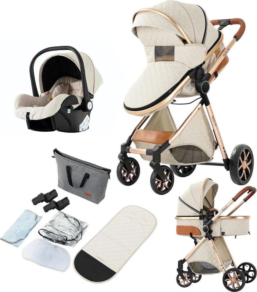 Luxus Kinderwagen Set - 4-in-1 Kombikinderwagen mit Babyschale, Babywanne, Buggy, Autositz - 170° Liegeposition - atmungsaktives Mesh-Verdeck - le...