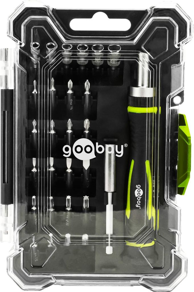 Goobay Tools Schraubendreher-Set mit 26-teiligem Bitsatz, Ratschenfunktion, S2 Bits, Stecknüsse, Box