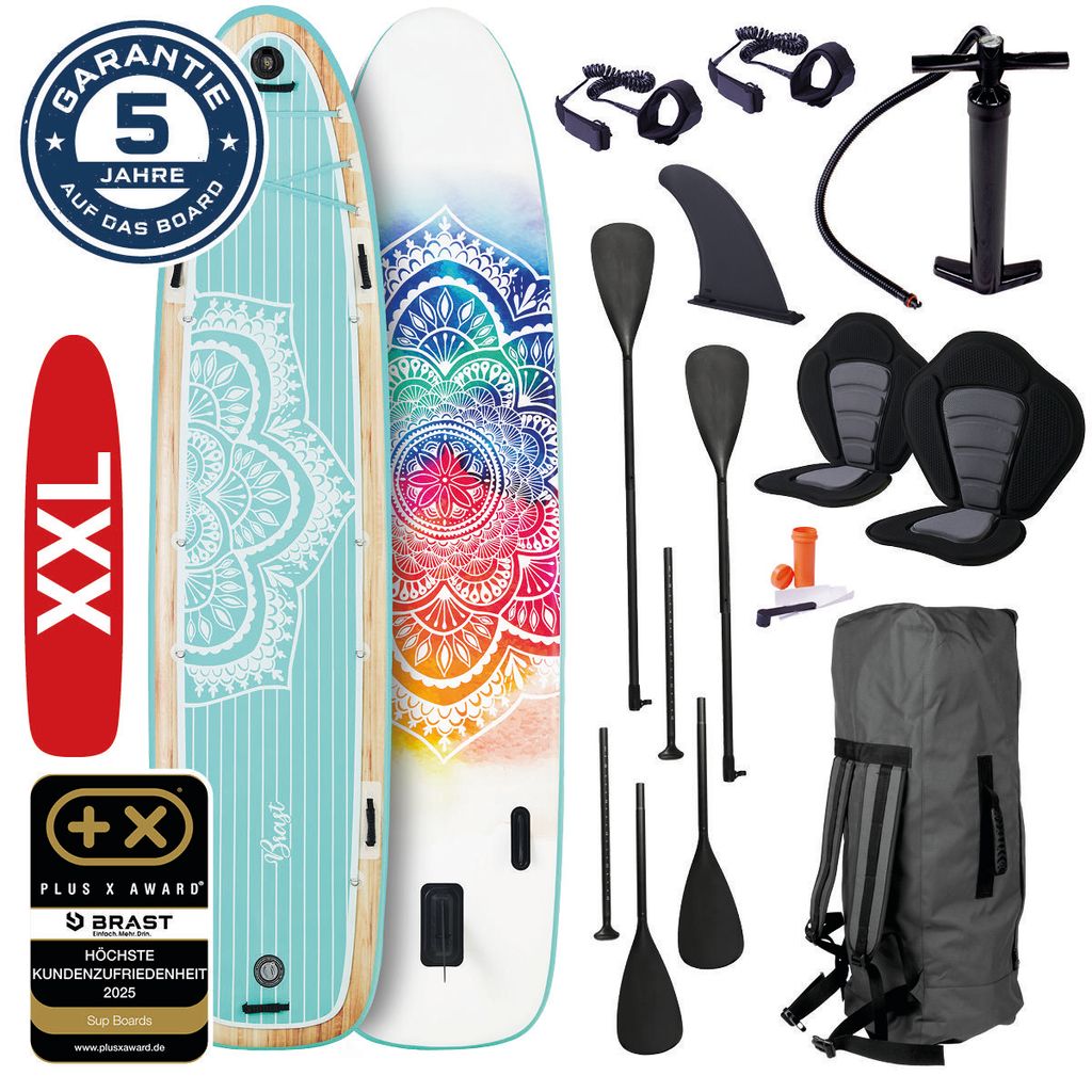 BRAST SUP Board Family | Aufblasbares Stand up Paddle Set XXL | 370x87x15cm bis 250kg | 7 Designs | inkl. Zubehör 2X Kajak-Sitz 2X Fußschlaufe 2X...