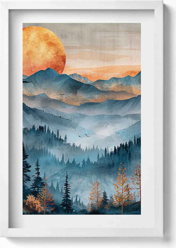 Abstrakte Landschaft der Sonne über den Bergen und Wäldern– Wandbild mit Rahmen – Gerahmtes Bild – Wanddekoration – 40x60 cm – Weiß