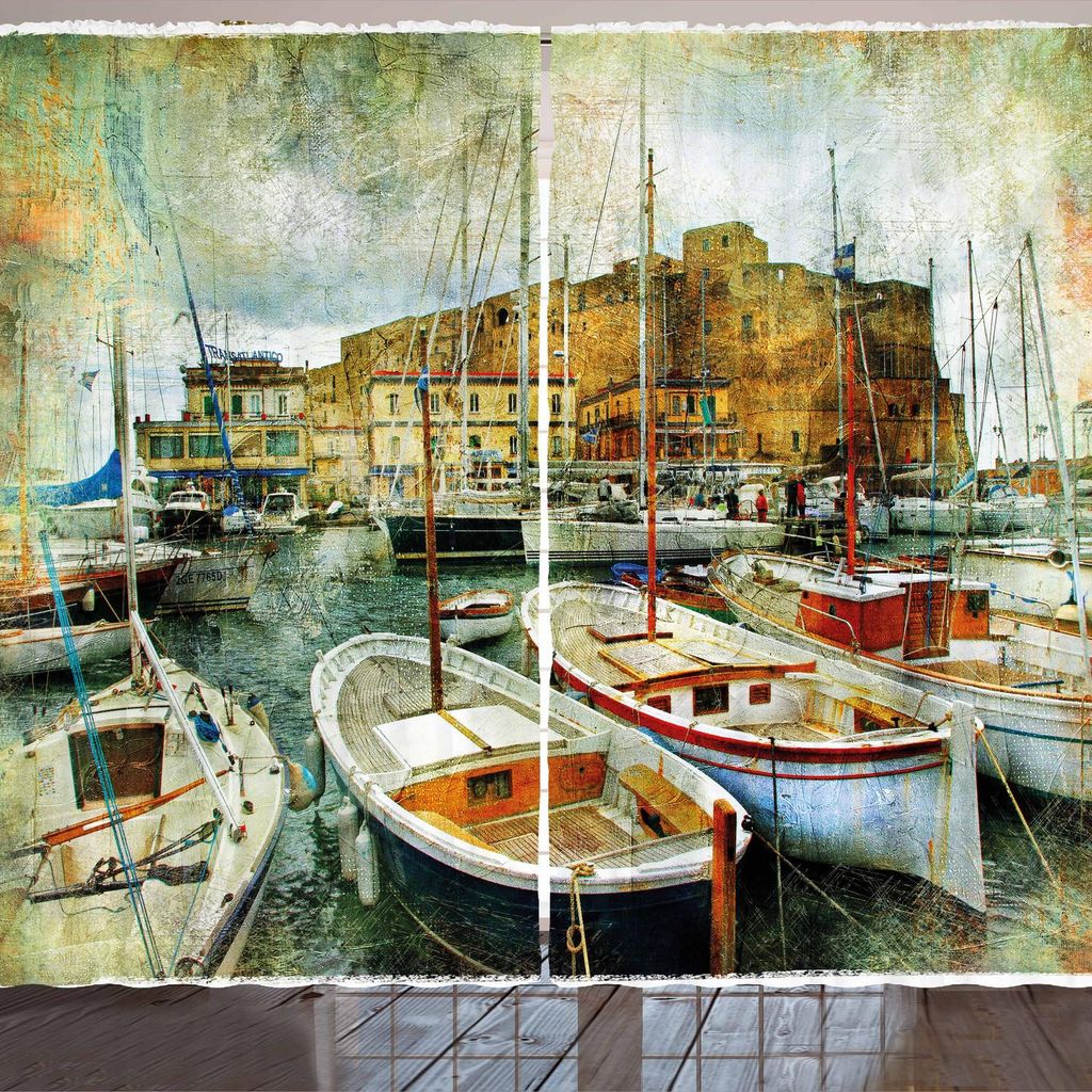 ARANDE Marine Gardine, Kleine Boote an der historischen Italienischen Küste Grunge Stil Veraltetes Foto, 280 x 260 cm, Mehrfarbig