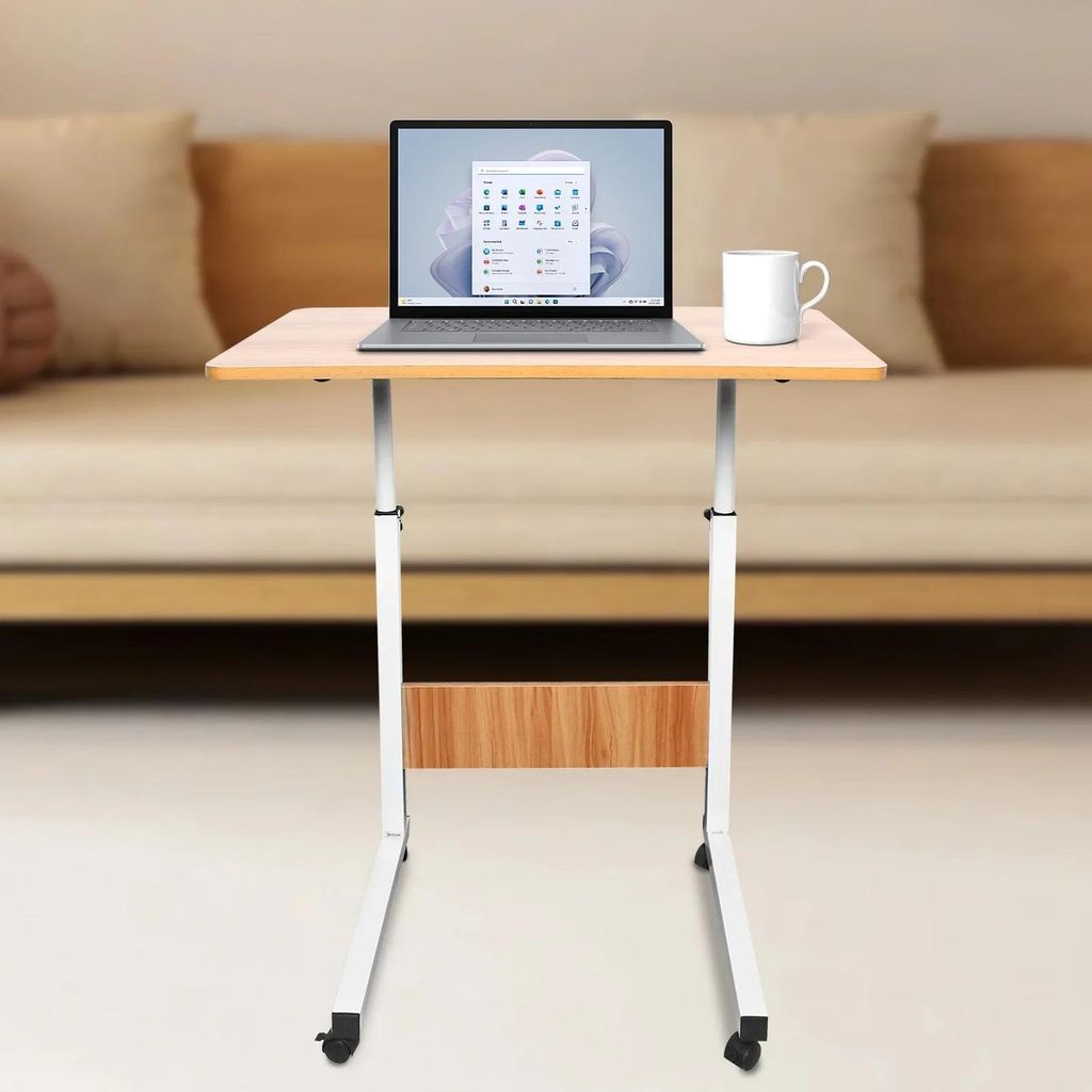 Ergonomische Arbeitsstation - Mobiler Laptop-Tisch - Höhenverstellbar - Stehpult - Mit Rollen - MDF-Tischplatte - Metallrahmen - 5 kg - Braun